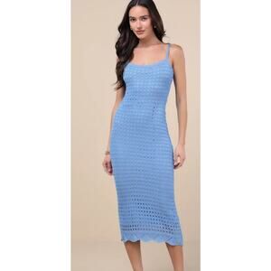 Lulus Ventura Vision Crochet Lace-Up Midi Dress Women's Size L Blue Scallop Hem